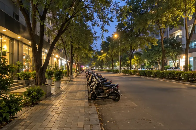 An Aundh main road in the evening, shops still lit.