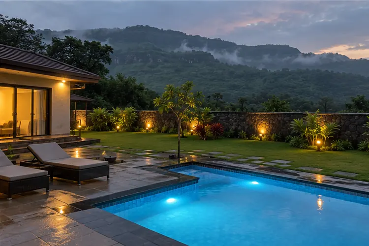 A villa pool in Lonavala at dusk. Outside the city: say it on the call first.
