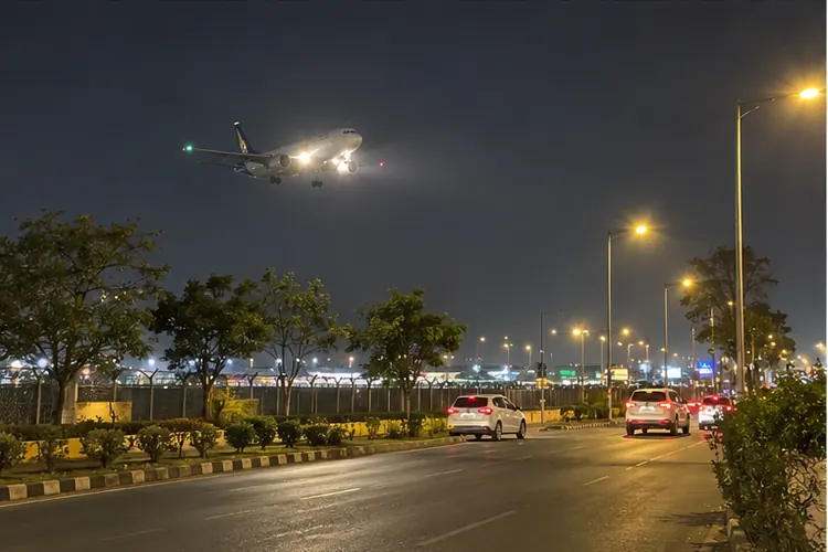 The airport side at night: a plane coming in over Viman Nagar.